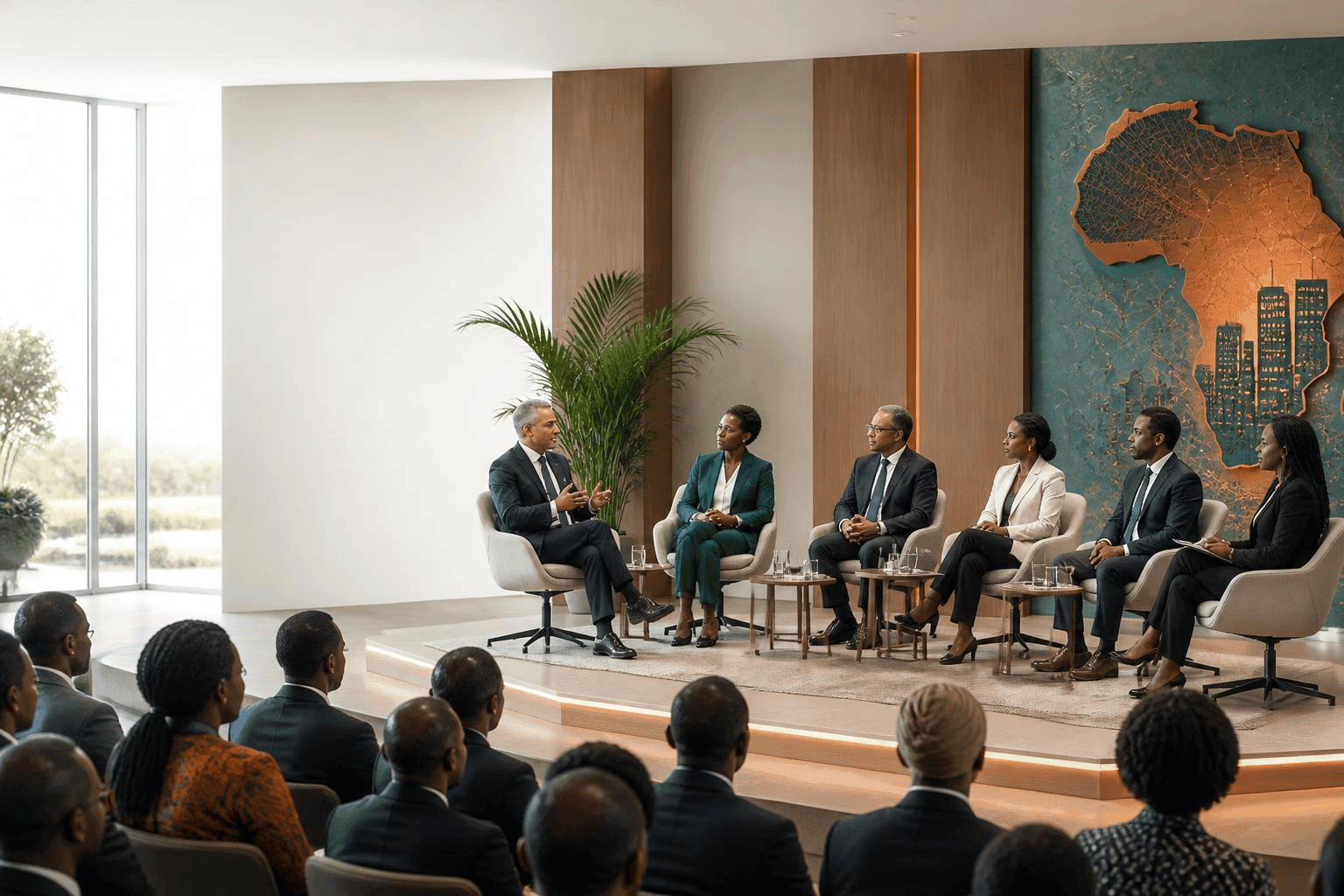 A panel of business and policy leaders in discussion on stage before an audience, beneath a map of Africa.